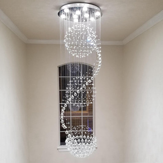 Flush Mount Light LED Spiral Sphere Rain Drop Crystal Chandelier for Staircase, Entryway, Foyer